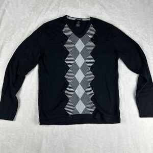 Alfani Men's V Neck Sweater Black Grey Argyl Pattern Size Medium Long Sleeve